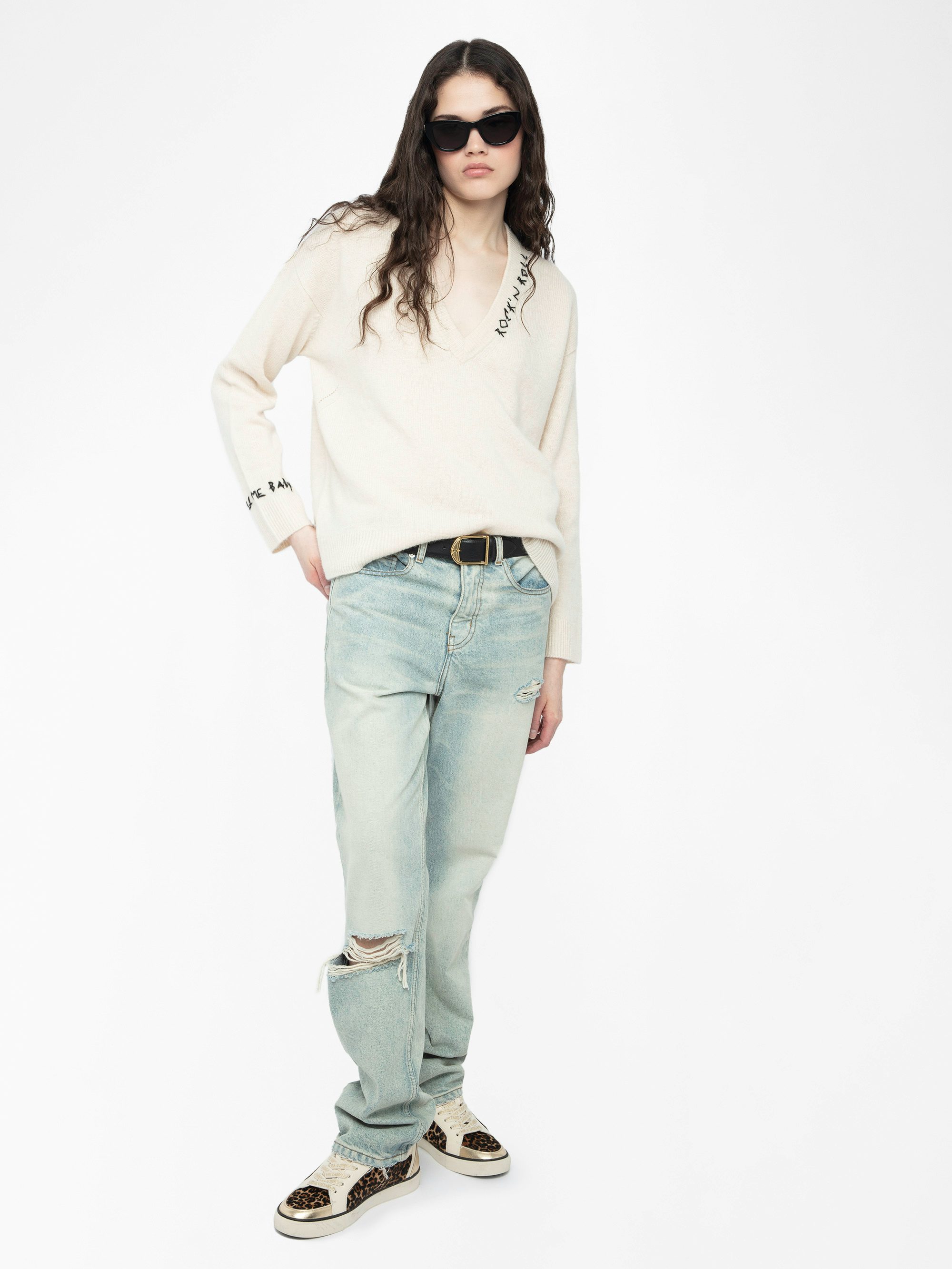 Jersey Mikyz 100% Cachemira - Jersey de manga larga y cuello de pico con bordado Rock n Roll en el escote.